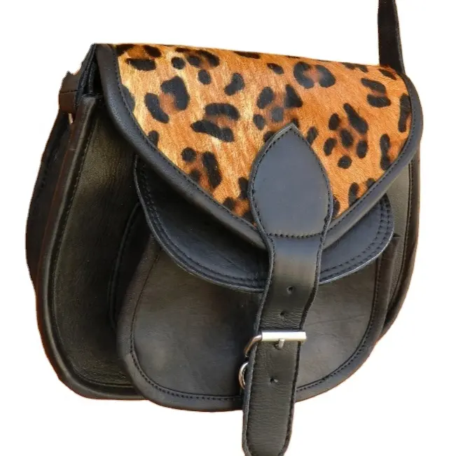 Leopard prints hair on hand made black leather sling bag women Genuine Leather Hair on Hide Purse Western Cowgirl Crossbody bag
