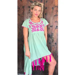 New Hiigh Quality Bright Color Aari Embroidered Resort Evening Party Short Dress Customize Design Women Clothes Sexy Tunic