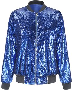 Women's <b>Glitter</b> Regular Sleeve Zipper Bomber <b>Jacket</b> Spring Canvas Stand Collar Breathable Thick - Product Image 6