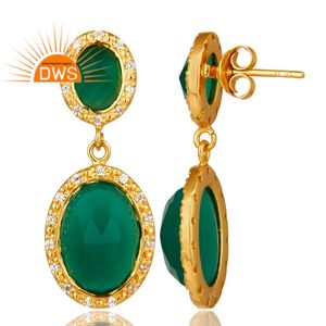 Boucles d'oreilles pendantes indiennes en onyx vert et zircon, plaquées or jaune 18 carats, bijoux de créateur, fournisseur - Product Image 3