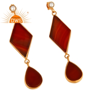 Natural Pearl <b>Red</b> Onyx Gemstone <b>Earring</b> Dangle Designer Silver Gold Plated <b>Earring</b> Women's Gemstone Jewelry Manufacturer - Product Image 2