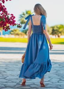 Été personnalisé Femmes Élégant Bleu Ciel Maxi Sans Manches Plage Bohème Robes Dames Col V Floral Maxi Casual Boho Robe - Product Image 4