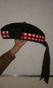 Glengarry <b>Hat</b> Black With Red White Check <b>Band</b> 100 Wool Hand Embroidered Badge Male Formal Four Seasons Adult Size 56-58CM - Product Image 5