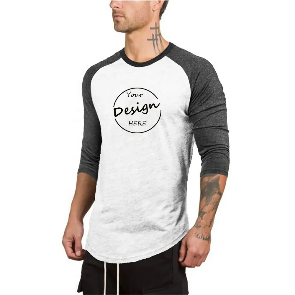 HS310 Kaus Olahraga Lengan 3/4 Raglan Desain Mode T Shirt Polos Hitam Lembut Katun Gym Otot Dalam Jumlah Besar