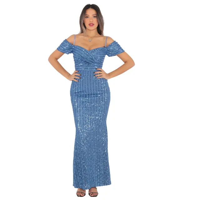 Casual Evening Dresses Wholesale Women Gowns Off-Shoulder Sequined Long Blue Dress With Spaghetti Straps