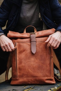 Travel Camping <b>Trekking</b> <b>Backpack</b> Genuine Leather Rolling Top Bag Custom Embossed Logo Large Capacity Bags - Product Image 2