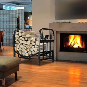 Support en bois design de Noël en métal avec fini enduit de poudre noire, parfait pour le stockage élégant de bûches de bois de chauffage et la décoration de vacances - Product Image 4