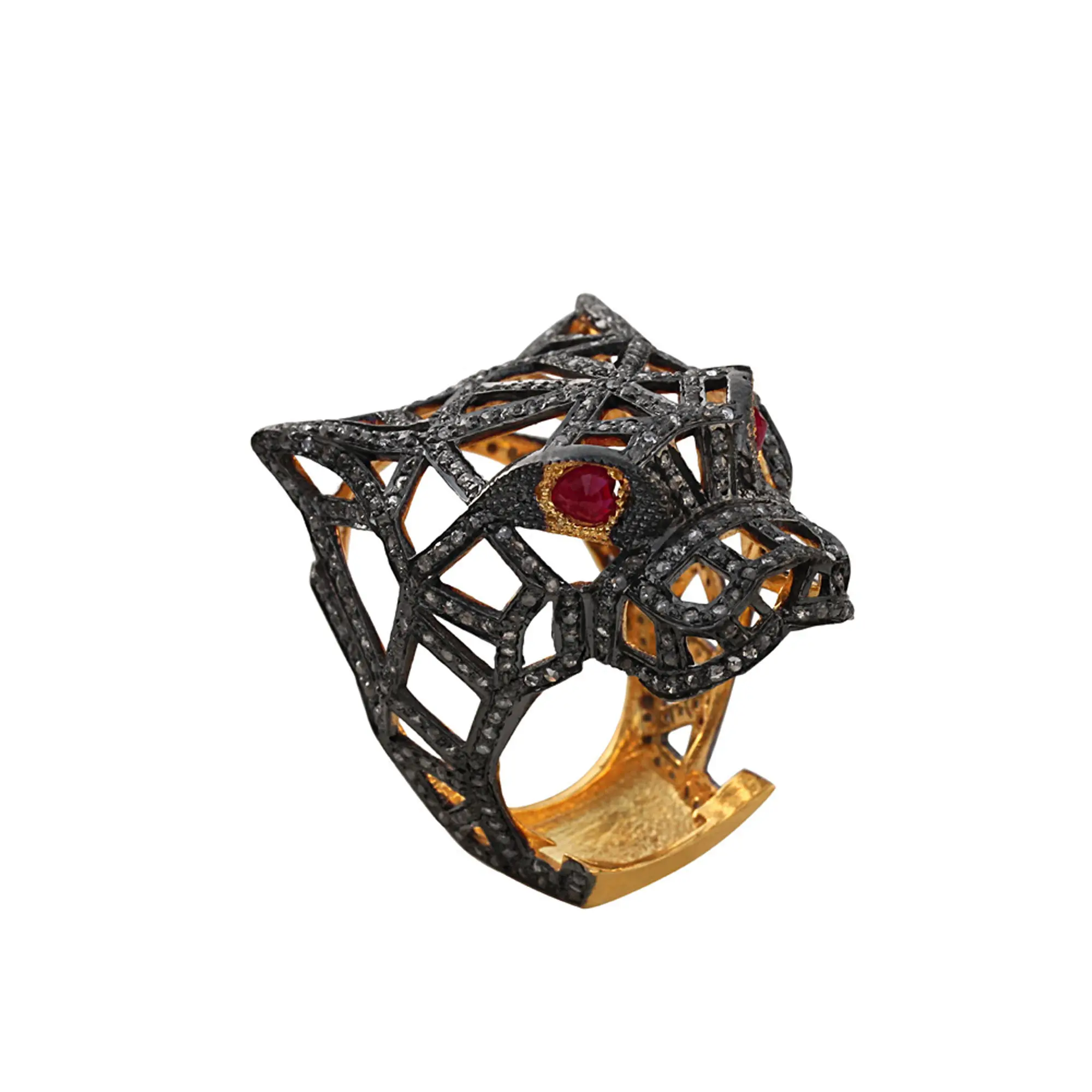 Silver Diamond Animal Jewelry Fashion Ruby Eyes Lion Head Ring 925 Sterling Silver Natural Diamond Ring Jewelry Manufacturer