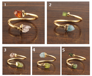 Offre Spéciale réglable Double pierre anneau fait à la main naturel brut bleu saphir émeraude bijoux en laiton plaqué or pour les femmes en gros - Product Image 4