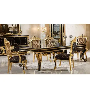 Modern Black Gold Finish Dining Table Set Beautiful Wood Hand Carved Dining Furniture French Luxury Style Dining Room Furniture