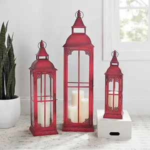 复古红色金属灯笼套装3个独特设计花园装饰豪华手工蜡烛灯地板和悬挂装饰
