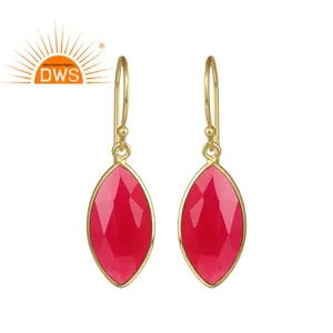 Anting-Anting Batu Permata Kalsedon Merah Muda Perhiasan Grosir Anting Kait Perak Lapis Emas Buatan Tangan Pemasok Perhiasan