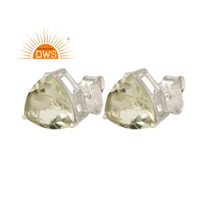 Trillion Cut Green Amethyst Gemstone Earrings Solid 925 Sterling Fine Silver Designer Stud Earrings Jewelry Manufacturer