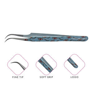 Fine Tip Eyelash Extension Tweezer Tip Satin and Eyelashes Designs Color with Your Own Logo, Eyelash Curved Tip Tweezer - Product Image 1