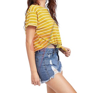 เสื้อยืดแขนสั้นมีกระดุมติดด้านหน้าของผู้หญิง,เสื้อครอปลายทาง - Product Image 6