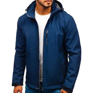 フリースライニングメンズソフトシェルジャケットネイビーブルー調節可能な袖付きカスタムアウトドアメンズハイキングジャケット