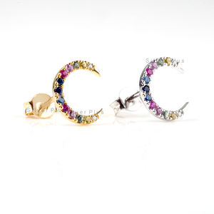 Boucles d'oreilles clous en or rose massif 18 carats, forme demi-lune, saphir et rubis émeraude multiples, bijoux en or - Product Image 1