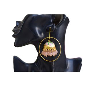 Boucles d'oreilles pour femmes et filles, partywear meenakari, fait à la main, finition mate dorée, long clou en laiton, anneau jhumka - Product Image 1