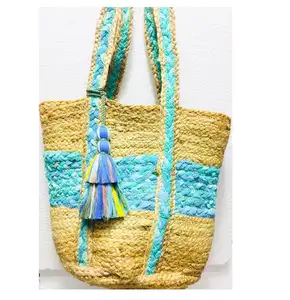 Trendy Eco-friendly Handmade turquoise Jute tote handbag with Tassel/Pompom From India for women fashion GF-BG1001