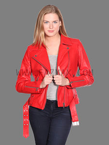 Chaqueta de cuero de estilo motero para mujer, color rojo, piel auténtica, 100% - Product Image 2