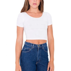 Camiseta 100% de algodón para mujer, top de manga corta con cuello redondo bordado personalizado, Top corto sin mangas, camiseta sexy con logo impreso - Product Image 2