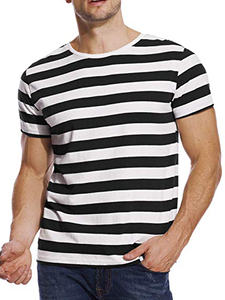 เสื้อยืดคอกลมสำหรับผู้ชาย,เสื้อยืดพอดีตัวผ้าฝ้ายลายทางสีดำและสีขาวเสื้อยืดพอดีตัวระบายอากาศ - Product Image 2