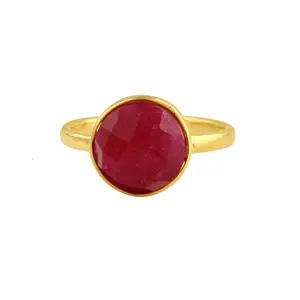 Penjualan Terbaik 12mm Ruby sintetis batu permata Bezel wanita perhiasan buatan tangan 18k berlapis emas perak murni bulat cincin cantik untuk dia