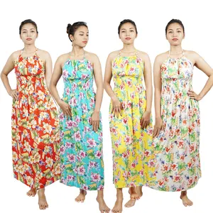 Gaun Maxi Panjang Pantai Wanita Punggung Terbuka Panjang Tali Leher Bunga Hibiscus Seksi Musim Panas Mode Baru Gaun Maxi dari Indonesia