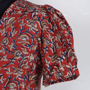 Élégant rougeâtre une pièce pur coton main bloc impression bouton décoration florale mi-longueur taille naturelle lavable 6XL plage - Product Image 4