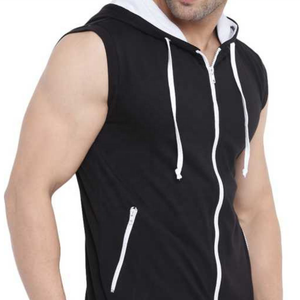 Sweat à capuche uni sans manches avec fermeture éclair 100% coton pour hommes - Product Image 5