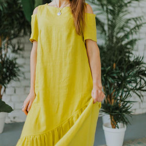 Robe en lin jaune clair pour femmes, manches courtes, longueur au sol, crêpe, nœud à la mode, motif solide, bouton naturel et respirant, dernière collection - Product Image 1