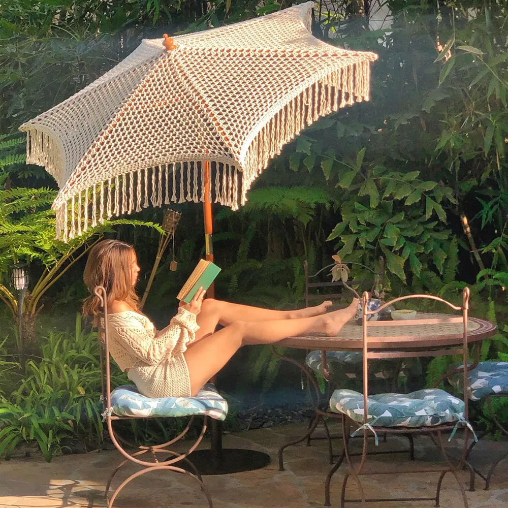 Parasol en macramé, corde de coton, perche en bois de 2.5m, glands tissés à la main, canopée, parapluie de plage, avec frange en macramé