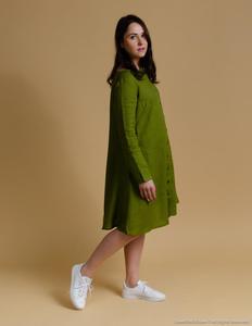 Robe en lin tendance 2026, couleur verte, col rond, tissu crêpe, manches longues, longueur genou, pour femmes sexy - Product Image 1