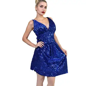 Vestido corto informal de gasa color azul con cuello de pico para mujer, minivestido informal Vintage para adultos, gasa lisa, viscosa, con cuentas sueltas - Product Image 1