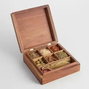 为印度家庭餐厅酒店定制最佳质量手工制作的天然木质香料盒香料容器。
