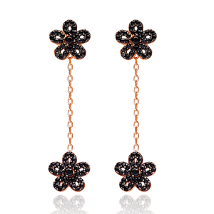 Silver <b>Black</b> Zircon Flower Long Dangle <b>Earring</b> 925 Silver Turkish Wholesale <b>for</b> <b>Women</b> <b>Earring</b> - Product Image 1