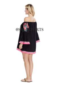 Beguiling Beautifully Bohemian Style Embroidered Kaftan Dress Off-shoulder full sleeve Cool <b>Fringed</b> Hem Bathing Suit Tunic - Product Image 2