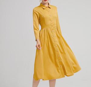 Vestido Camisero Amarillo con Cuello Camisero, Manga Tres Cuartos, Largo Midi, Color Sólido, Tejido Transpirable, 100% Lino, Bordado, Oficina - Product Image 6