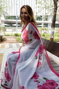 Bollywood Designer Saree Designer Miroir Travail Fleur Conception Doux Soie Tissu Impression Numérique Marron Couleur Sari avec Blouse Inde Vêtement - Product Image 2