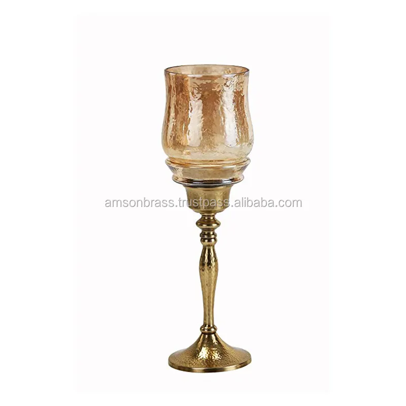 Candle Holder Hammered Metal & Glass Hurricane Candle Holder for Home Decor