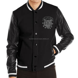 Chaqueta de lana con cremallera y manga de cuero, diseño de tigre bordado, HIVJ15, barata, venta al por mayor - Product Image 1