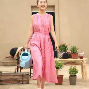 New arrival fashionable trending latest design pink color crepe fabric o-neck sleeveless <b>floor</b>-<b>length</b> for sexy women linen <b>dress</b> - Product Image 3