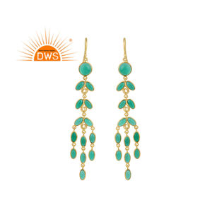 Yellow Gold Plated Brass Fashion Chandelier Earrings Natural <b>Green</b> Onyx Gemstone Earrings Jewelry Supplier - Product Image 1