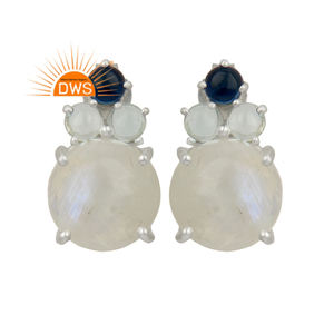 Argent Sterling fin naturel arc-en-ciel lune pierre et topaze bleue pierres précieuses boucle d'oreille pour les femmes bijoux pour les femmes cadeau pour elle - Product Image 1