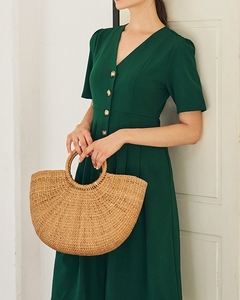 Vestido Formal de Verano Verde con Cuello en V, 100% Lino Crepé, a la Moda, Sexy, Largo hasta la Rodilla, con Botones, Talla XL - Product Image 4