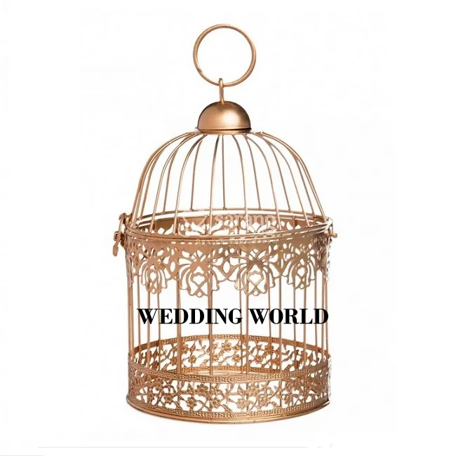 Cage à oiseaux en métal enduit de poudre d'or forme ronde jardinière design faite à la main de haute qualité en gros Cage à oiseaux en métal de luxe