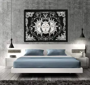 Tarot Triple Burning Sun Moon & Bintang Mystic Hippie Bohemian Psychedelic Mandala Katun Dinding Permadani Poster Putih Hitam