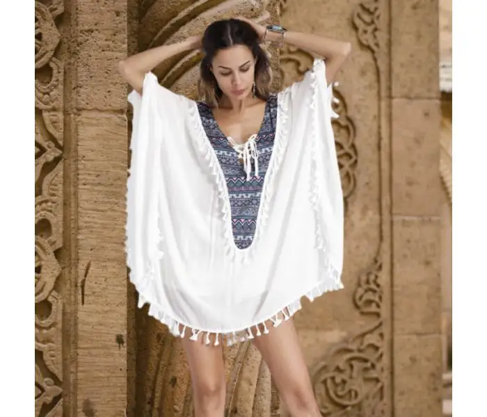 Caftan de plage brodé indien traditionnel, robe couverture de plage avec pompon, décor Global, marché marocain, Motif Boho, tunique mignonne