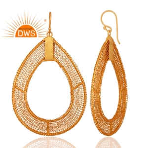 Pendiente chapado en oro y plata 925 en forma de pera, diseñador de filigrana, pendientes de joyería de plata lisa, fabricante, Colección Vintage - Product Image 2