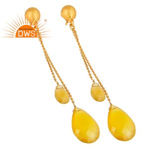 Yellow Chalcedony Drop <b>Earring</b> Designer Gold Plated 925 <b>Silver</b> <b>Chain</b> Dangle <b>Earrings</b> Jewelry Supplier - Product Image 2